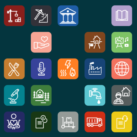 Alt Text	A grid of colorful icons representing different business sectors, including construction, finance, education, healthcare, and logistics, used for tracking modern slavery transparency.